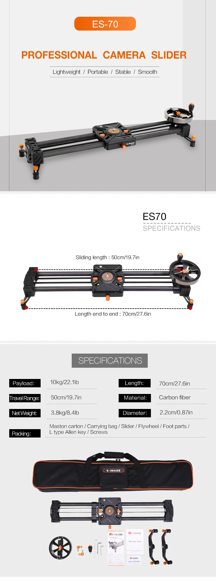 E-Image Es70 70cm Carbon Fiber Camera Slider with Flywheel for DSLR Video