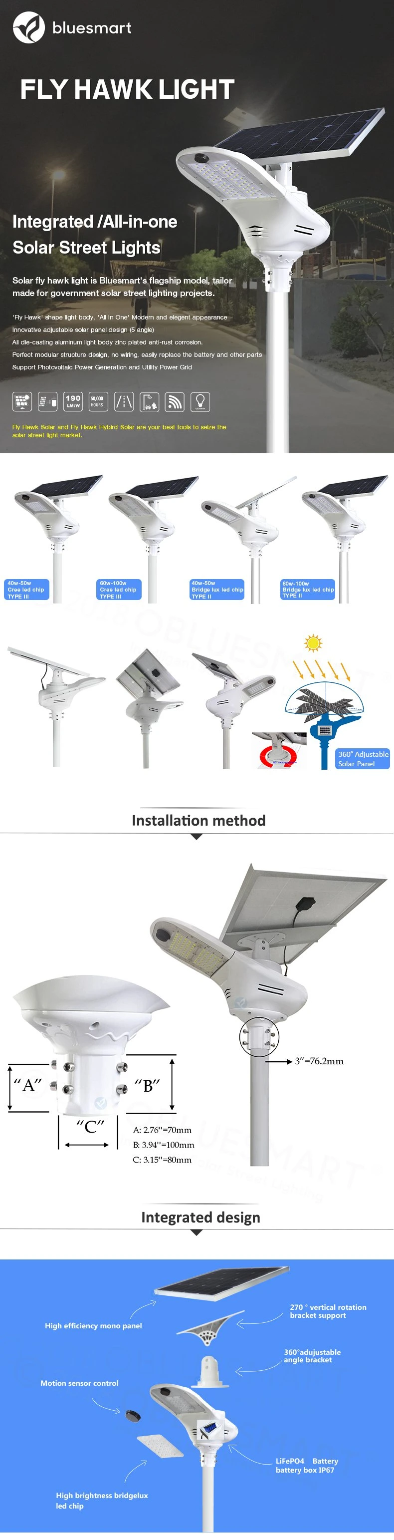 30W High Lumen Solar LED Street Lamp with Lithium Battery